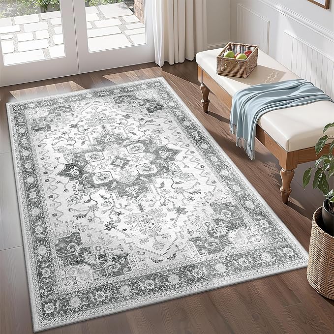 Area Rugs for Living Room 4x6, Boho Non-Slip Low Pile Carpet Washable Rugs for Bedroom,Office, Dining Room Grey