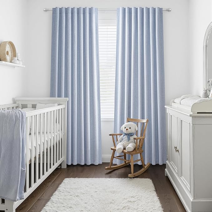Dusty Blue Blackout Nursery Curtains 90 Inch Length for Kids/Boys Rooms/Bedroom, Floor to Ceiling Track Pleated Window Drapes with Hooks Linen Winter Thermal Coastal Light Blue(50"Wx90"Lx 2Panels)