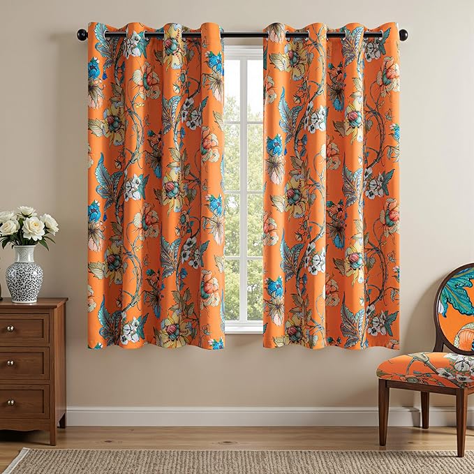 MYSKY HOME 95% Blackout Floral Curtains 72 inches Long Black Out Thermal Insulated Privacy Protect Vintage Spring Flower Print Room Darkening for Living Room Dining Room, 2 Panels, 52" x 72", Orange