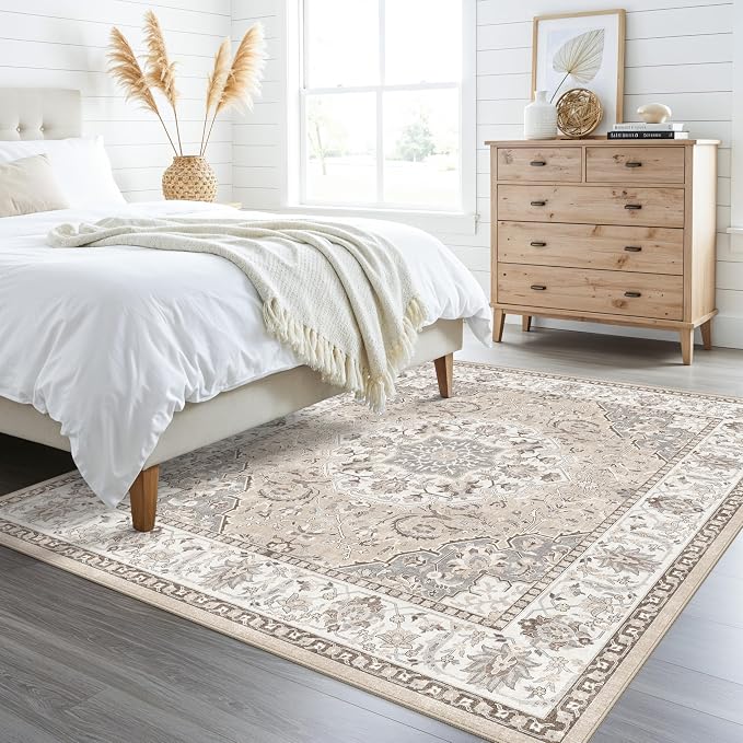 6ft Square Living Room Area Rug: Washable Oriental 6x6 Rugs for Bedroom Dining Room Non-Slip Entryway Kitchen Nursery CarpetWater Resistant Light Weight Floor Mat for Bathroom Laundry Room(6x6,Beige)