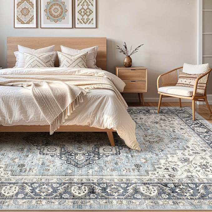 10x13 Area Rug Living Room: Washable Boho Large Neutral Vintage Soft Rug Stain Resistant Farmhouse Non-Slip Indoor Floor Carpet for Bedroom Nursery Kids Office Dining Room Home House- Blue Tan