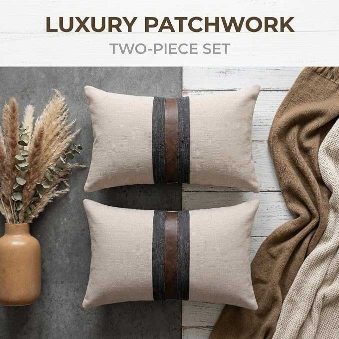 Set of 2 Leather Throw Pillow Covers Lumbar Cotton Linen Decor Patchwork Pillow Cover Faux Leather Pillows Cover for Couch Sofa Living Room Bedroom,Beige 12"x20"