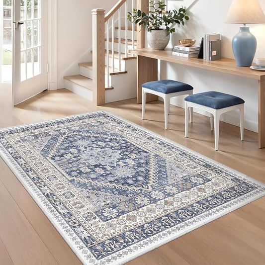 zesthome 3x4 Washable Area Rug for Entryway, Soft Kitchen Rugs Non Slip for Dining Room, Vintage Abstract Living Room Rug, Thin Area Rugs Indoor for Bedroom, Kids Room Decor(Blue/Beige,3'x4')