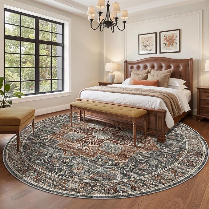 Roxstand Washable 8ft Round Rug - Vintage Large Non-Slip Circle Rugs for Living Room, Low-Pile Stain Resistant Round Area Rug for Bedroom Dining Room (Grey/Brown/Tan)