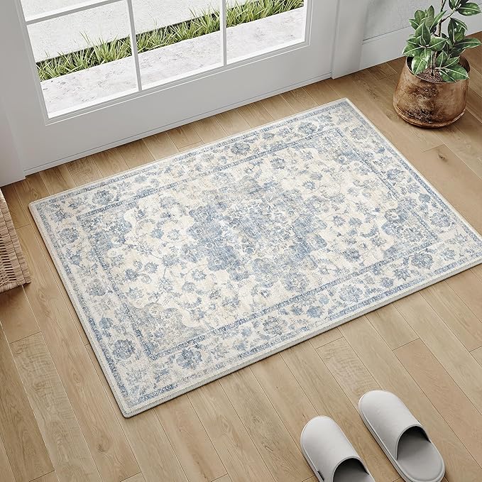 2x3 Washable Neutral Area Rug Blue Vintage Entryway Kitchen Carpet Non-Slip Soft Low Pile Farmhouse Indoor Small Throw Rug for Bedroom Bathroom Entrance