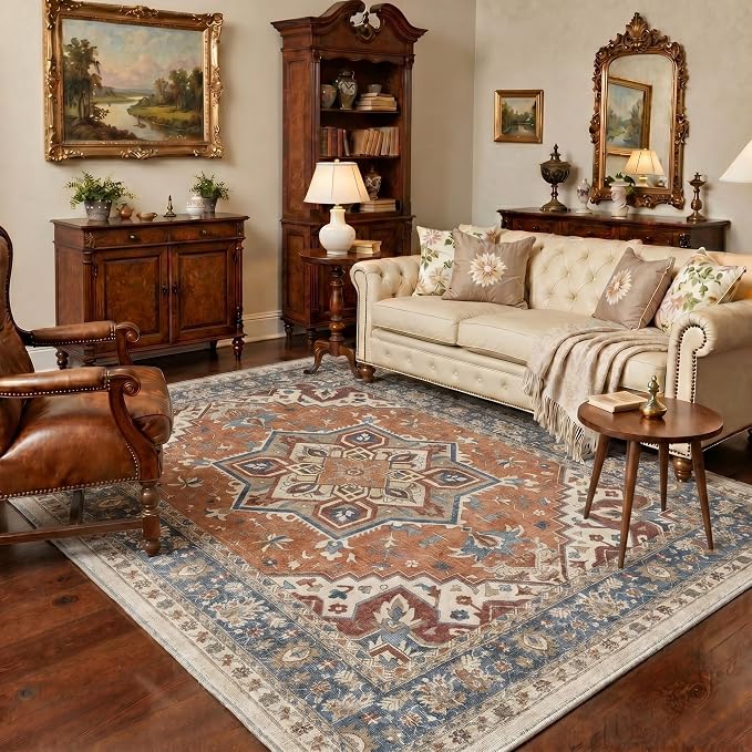 GENIMO 5x7 Floral Medallion Area Rug Machine Washable Non Slip Low Pile, Lightweight Print Pattern Rugs for Living Room Bedroom Dining Room, Dusty Terracotta