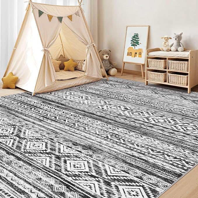 cotiled 10x12 Area Rugs Living Room Rug: Washable Boho Rugs with Non Slip Backing Large Soft Indoor Stain Resistant Carpet for Bedroom Farmhouse Dining Room Lightweight Home Decor White/Black