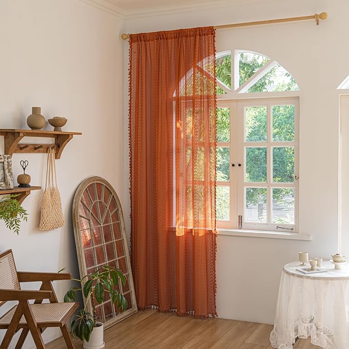 Sutuo Home Terracotta Boho Curtains for Bedroom Living Room, Crochet Lace Sheer Bohemian Style with Tassels,Window Treatment Drapes for Halloween Decor, Rod Pocket 1 Panel 59" W x 108" L, Orange