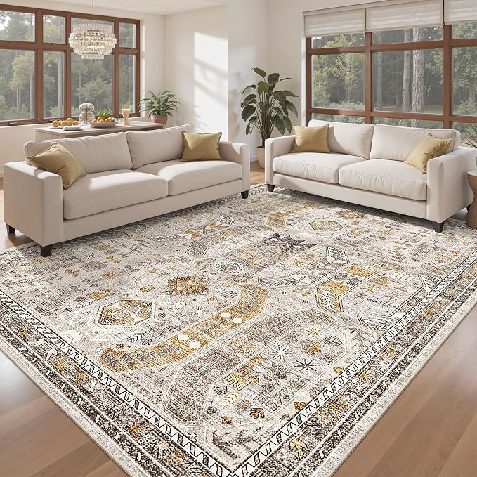 Madane 8x10 Area Rugs for Living Room, Non-Slip Washable Rug, Brown/Gold | Ultra-Thin Stain Resistant Vintage Large 8'X10' Carpet, Low-Pile Floor Mat For Bedroom Dining Room Office Home Decor