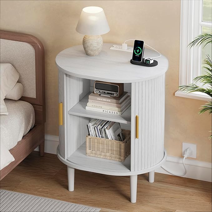 DHH Mid Century Modern Nightstand with Charging Station, Fluted Accent Side Table with Sliding Door & Adjustable Shelf, End Table for Small Space, Living Room, Bedroom,Sofa Couch(1, White)