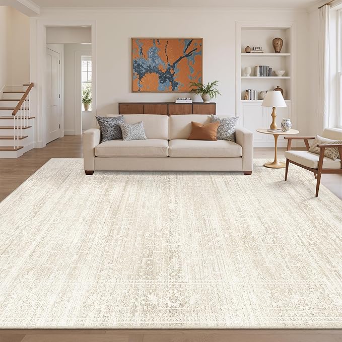 Soalmost 9x12 Area Rugs for Living Room, Washable Soft Rug Beige/Cream | Non-Slip Low Pile Natural Vintage Floral Rug Throw Carpet for Dining Room Bedroom Home Office Nursery 9'x12'