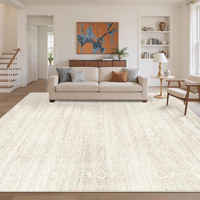 Soalmost 8x10 Area Rugs for Living Room, Washable Soft Rug Beige/Cream | Non-Slip Low Pile Natural Vintage Floral Rug Throw Carpet for Dining Room Bedroom Home Office Nursery 8'x10'