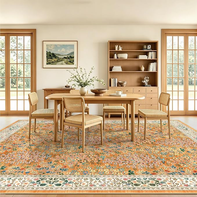 8x10 Area Rugs, Machine Washable Low Pile Floral Rugs for Living Room, Bedroom, Large Boho Area Rug with Non-Slip Backing for Dining Room(Orange Floral)