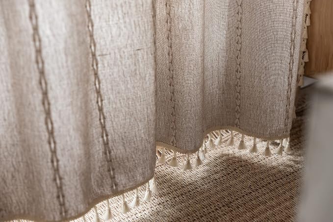 RoomTalks Country Farmhouse Cotton Polyester Curtains for Bedroom Living Room 63 Inch Length Light Filtering Boho Chic Cabin Rustic Window Curtain Panels with Tassels Striped Bohemian Draperies