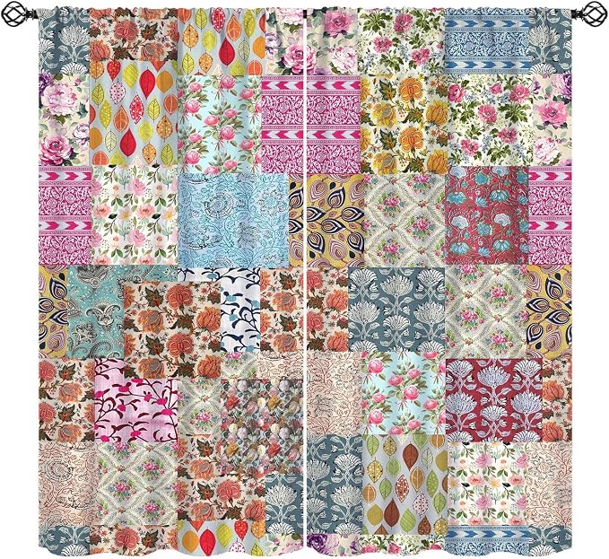 Boho Patchwork Blackout Curtains Farmhouse Patchwork Quilted Country Check Plaid Print Window Drapes for Bedroom Living Room Kitchen Cafe （W31.5xL72 Inch） x2 Panels