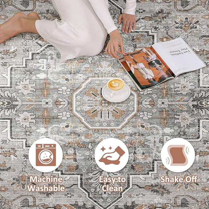 Round Rug Living Room Rugs: 10x10 Washable Boho Neutral Large Circle Soft Indoor Floral Stain Resistant Floor Farmhouse Carpet for Bedroom Nursery Kids Playroom Office Dining Room- Taupe