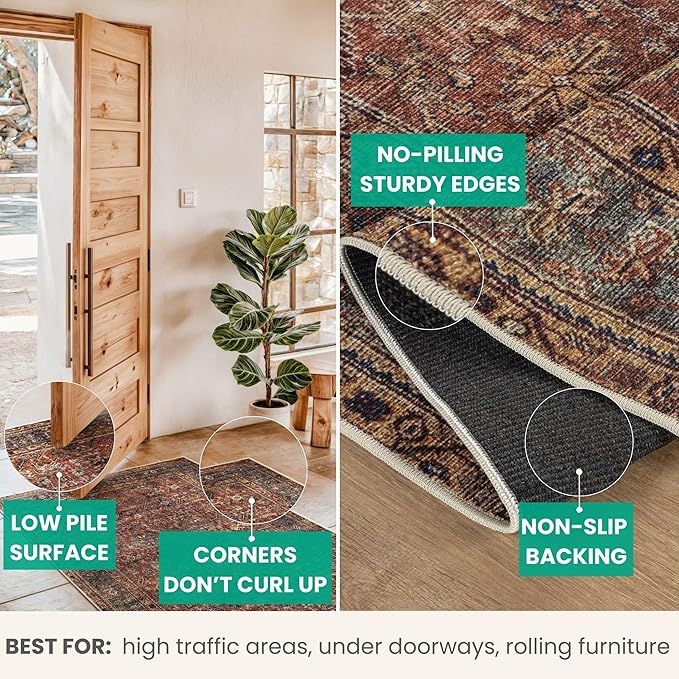 Bloom Rugs Washable Non-Slip 7 ft Runner - Terracotta/Mustard Traditional Runner for Entryway, Hallway, Bathroom, and Kitchen - Exact Size: 2.5' x 7'
