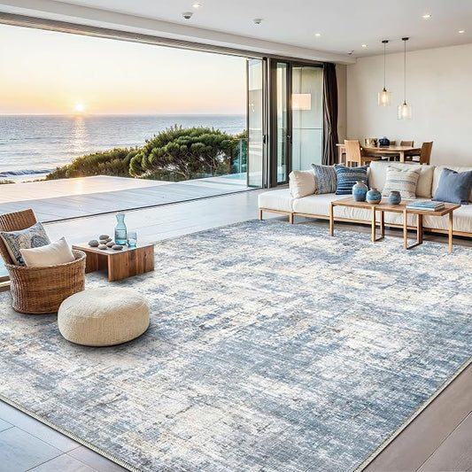 10x14 Area Rugs Washable Living Room Rug-No Slip Soft Carpets Modern Abstract Coastal Indoor Floor Stain Resistant Large Carpet for Bedroom Dining Room Farmhouse Nursery Home Office Blue