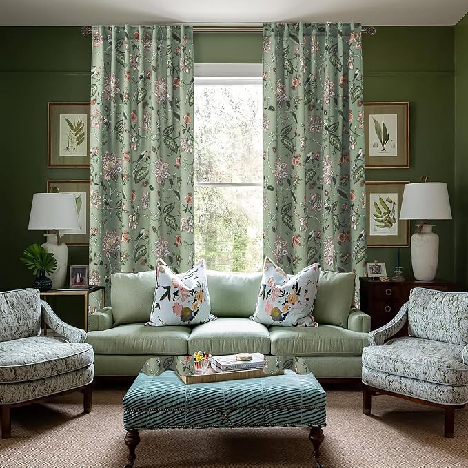 90 Inch Green Floral Pattern Blackout Curtains, Boho Print Pleated Curtains for Living Room Bedroom, 2 Panel Set, 50x90 in Long