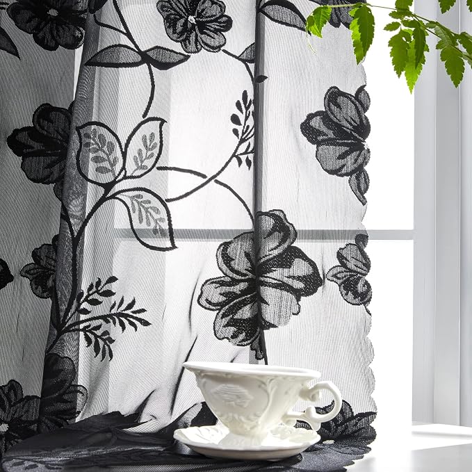 Treatmentex Black Sheer Lace Curtains for Bedroom Living Room Studio 84inch Long Vintage Rose Floral Embroidered Semi Sheer Curtain Panels Privacy Leaf Sheer Drapes with Scalloped Edge 54" w 2pcs 7ft