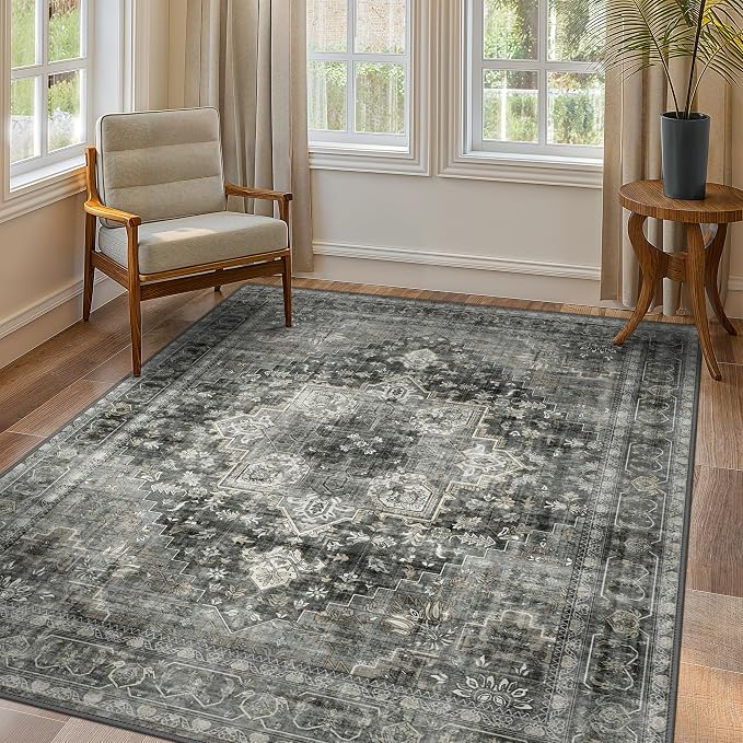 GENIMO 5x7 Area Rugs for Living Room, Machine Washable Non Slip Vintage Rugs, Low Pile Lightweight Print Rug for Bedroom, Dining Room, Home Office,Charcoal Gray