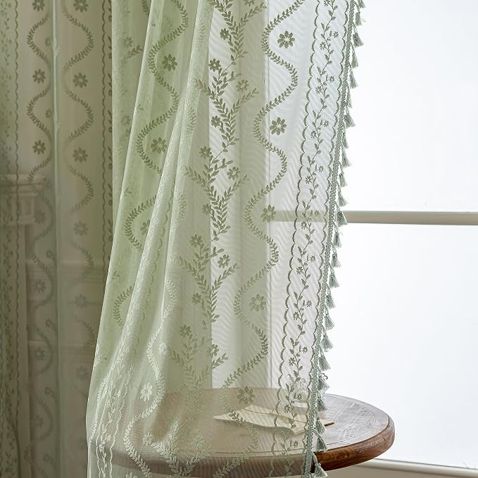 WAZZIO Boho Lace Curtains 2 Panels 72 Inch -Vintage Victorian Sheer Panel Drape French Country Floral Pattern & Tassel Light Filtering Privacy for Bedroom Dining Living Room,Light Sage Green,W52x L72