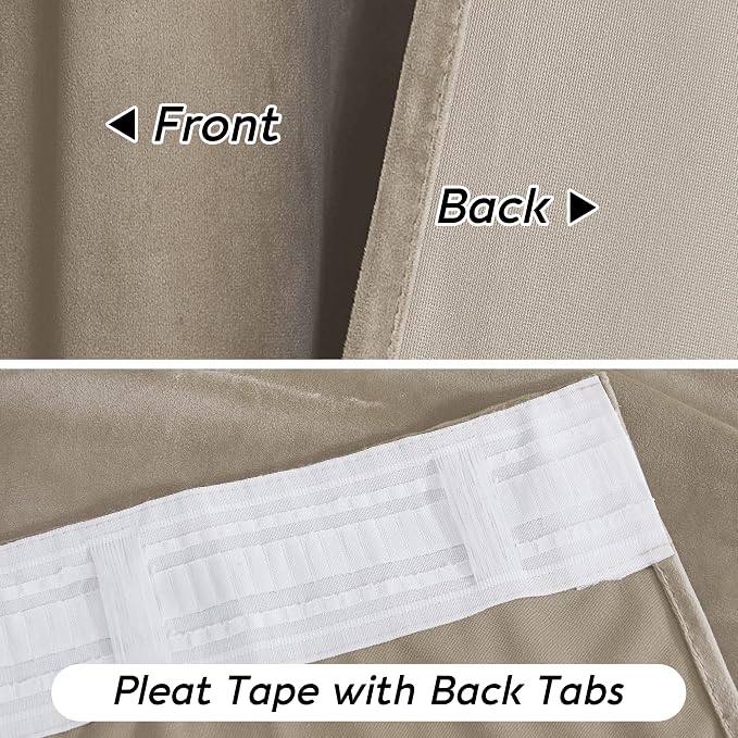 RYB HOME Camel Beige Velvet Curtains for Bedroom Living Room, Thermal Insulated Privacy UV Heat Blocking Luxurious Drapes for Nursery Dining Room, 52"W x 80"L, 2 Panels, Rod Pocket/Back Tab/Hook Belt