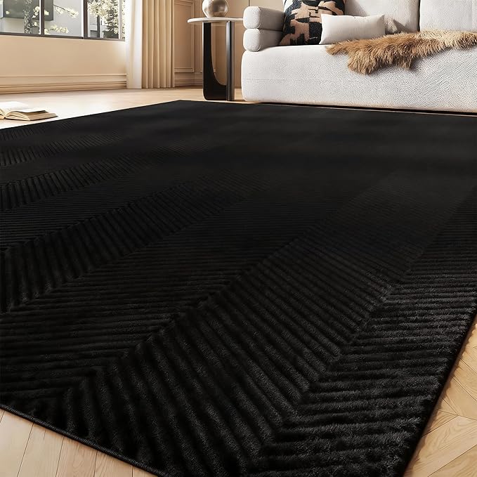 Area Rug for Living Room - 6x9 Soft Faux Rabbit Fur Modern Geometric Wave Carpet for Bedroom, Black