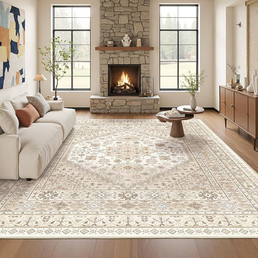 Washable Rugs 8x10 Area Rugs for Living Room, Non-Slip Backing Large Rug for Nursery Room, Vintage Floral Bedroom Rugs, Thin Indoor Home Decor Soft Farmhouse Rug (Cream/Beige,8'x10')