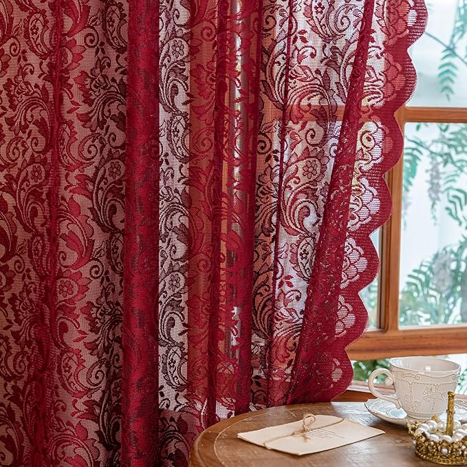 ALIGOGO Wine Red Lace Curtains 108 Inche Long Set of 2, Modern Sheer Burgundy Curtains for High Ceiling Dining Room, French Romantic Rod Pockert Privacy Window Treatments Neutral Decor, 52x108