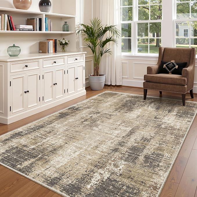 Valenrug Washable Rugs 5x8 - Stain Resistant 5x8 Area Rugs for Living Room, Non Slip Backing Abstract Rugs for Bedroom, Folable Machine Washable Area Rug(5'x8', Taupe)