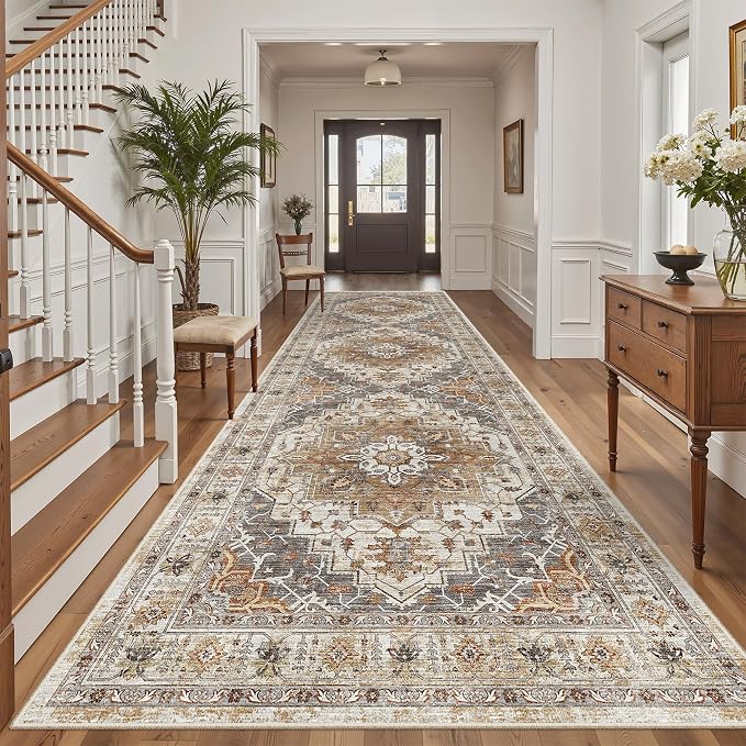 Madane 4x12 Wide Hallway Runner Rug Washable for Living Room, Turmeric/Grey | Soft Stain Resistant Ktichen Runners 12ft, Vintage Non Slip Low Pile Area Rugs, Thin Floor Carpet for Bathroom Dining Bedroom
