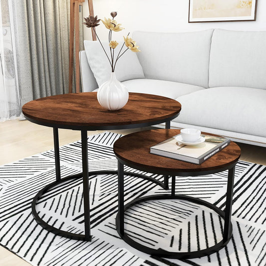HOMERECOMMEND Round Coffee Table Set of 2 Modern Nesting Side End Table for Living Room,Round Wooden Coffee Table with Solid Powder-Coated Metal Frame, Rustic Brown/Black