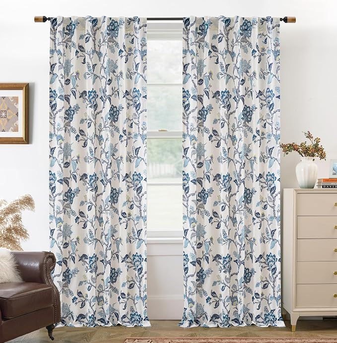 DriftAway Ada Floral Botanical Print Flower Leaf Lined Thermal Insulated Room Darkening Linen Blend 100% Blackout Back Tab Window Curtains 2 Layers Set of 2 Panels Each 52 Inch by 84 Inch Navy