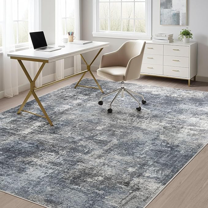 Abstract 7x9 Area Rug: Machine Washable Non Slip Ultra Thin Low-Pile Carpet, Soft Stain Resistant for Living Room Bedroom Nursery, Kid Pet Friendly, Robot Vacuum Compatible - Dark Grey/Blue