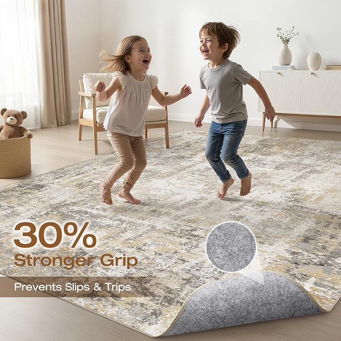 10x14 Area Rugs Living Room: Washable Large Neutral Gray Gold Rug Abstract Soft Modern Stain Resistant Indoor Floor Non-Slip Carpet for Bedroom Nursery Kids Office Playroom Dining Room Under Table
