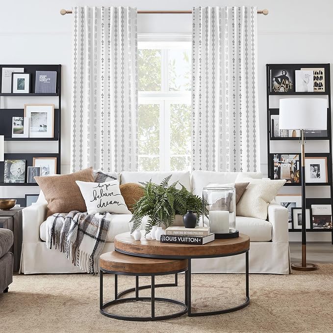 White Sheer Curtains 96 Inches Long,Feminine Black Boho Window Treatments Non See Through Privacy Curtains That Let Light in for Bedroom Living Room 8 FT 8FT Length