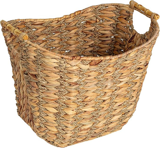 Household Essentials Water Hyacinth Seagrass Scoop Basket with Bamboo Handle, Natural