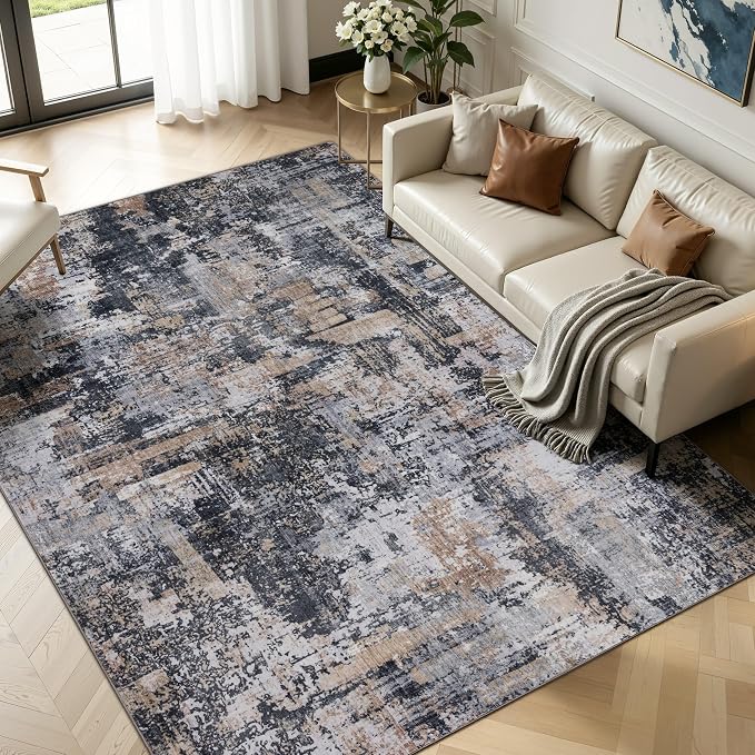 Sasttie 9x12 Soft Area Rug for Living Room, Modern Abstract Washable Large Carpet for Bedroom, with Non-Slip Backing, Black and Cream