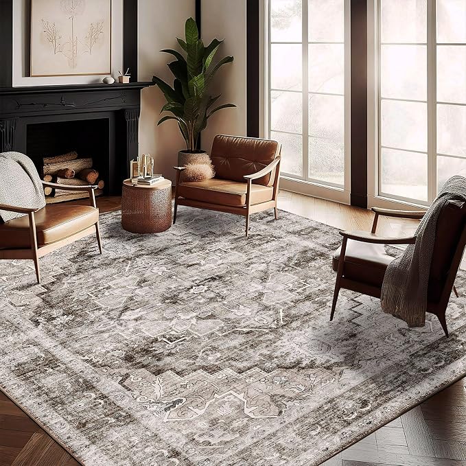 CHAMPLANT Washable Area Rug 8'x10' Deep Khaki Retro Boho Design Non-Shedding Non-Slip Easy Care Ideal for High Traffic Areas in Living Room Bedroom Office Coffee Table Kitchen Large Carpet