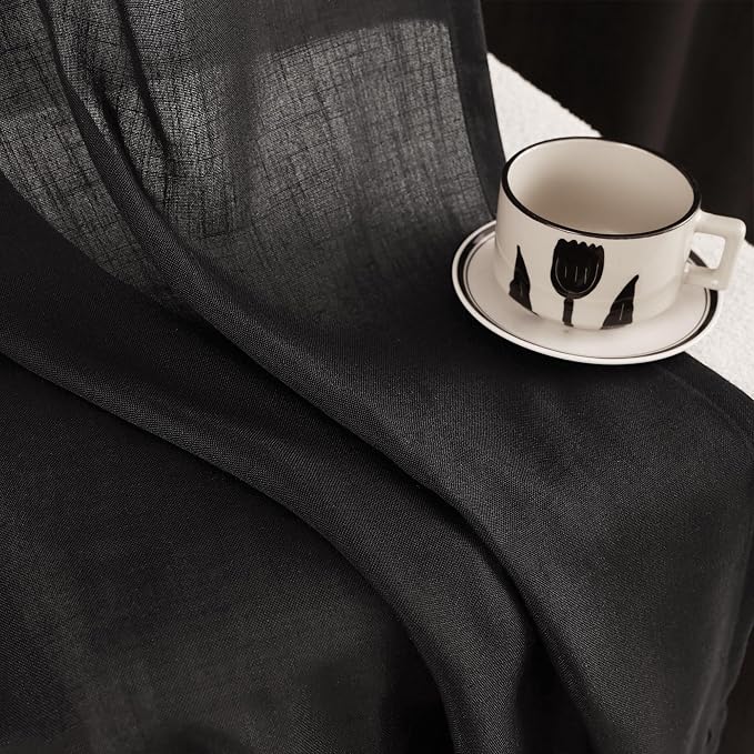 Black Linen Curtains 84 inches Long for Bedroom Back Tab Light Filtering Privacy Semi Sheer Black Curtains Living Room Boho Rustic Farmhouse Cotton Textured Gauze Curtain 2 Panel Set