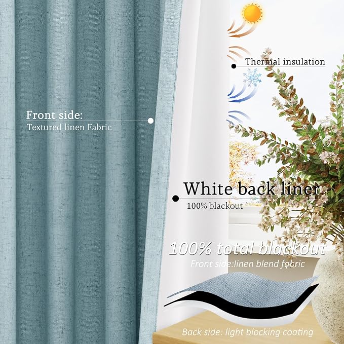 Jowels Light Blue Linen Blackout Curtains 108 Length 2 Panels Set for Living Room Bedroom, 100% Black Out Thermal Insulated Linen Drapes, Room Darkening Grommet Curtains 108 Inches Long Light Blue