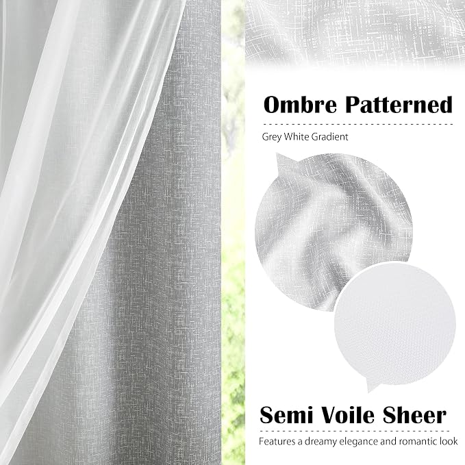 Ombre 100% Blackout Curtains 84 Inches Long 2 Panels for Bedroom Living Room Grey and White Double Layer Sheer Overlay Mix & Match Grommet Thermal Soundproof Drapes with Tiebacks, 52x84