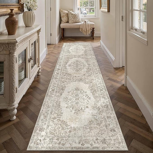 PureCozy 2'6"x14' Runner Rug Beige Washable Hallway Kitchen Bedroom Vintage Distressed Bathroom Non Slip Medallion Floral Carpet Indoor Retro Throw Floor Mat for Office Dining Laundry Living Room
