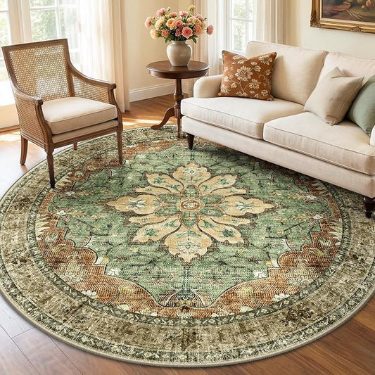 RELEANY Area Rugs Round 6ft Washable Non-Slip, Floral Vintage Distress Medallion Carpet for Living Room Bedroom Dining Room, Terracotta Burnt Orange Green