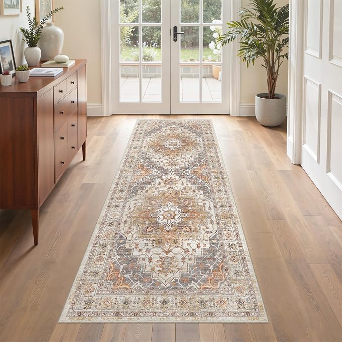 befbee Washable Runner Rug 2x6 Hallway Runner Rug Ultra-Thin Kitchen Rug Non Slip Indoor Floor Foldable Carpet with Low Pile for Entryway Bathroom Laundry Room Living Room(Turmeric/Grey,2'x6')
