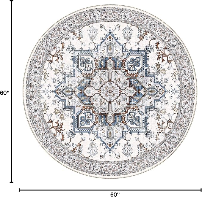 OPPODREAM Soft Round Rug 5ft, Neutral Washable Circle Rug 5ft with Non Slip Backing Play Room, Low-Pile Carpet 5 ft, Faux Cashmere Throw Carpet, Cream White & Blue & Light Brown