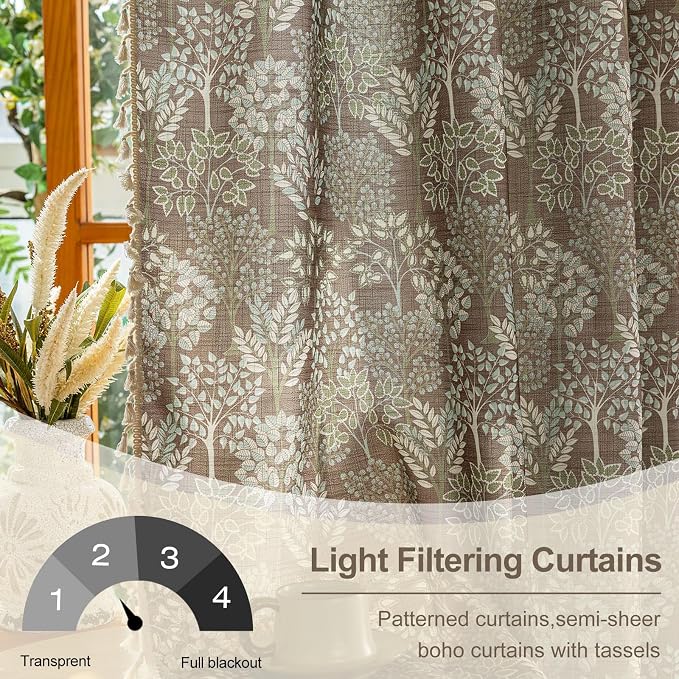 OYX Vintage Curtains 96 Inch, Farmhouse Curtain Botanical Drapes with Tassels, Linen Textured Light Filtering Semi Sheer Curtains for Living Room Bedroom,2 Panels,Rod Pocket, 52Wx96L