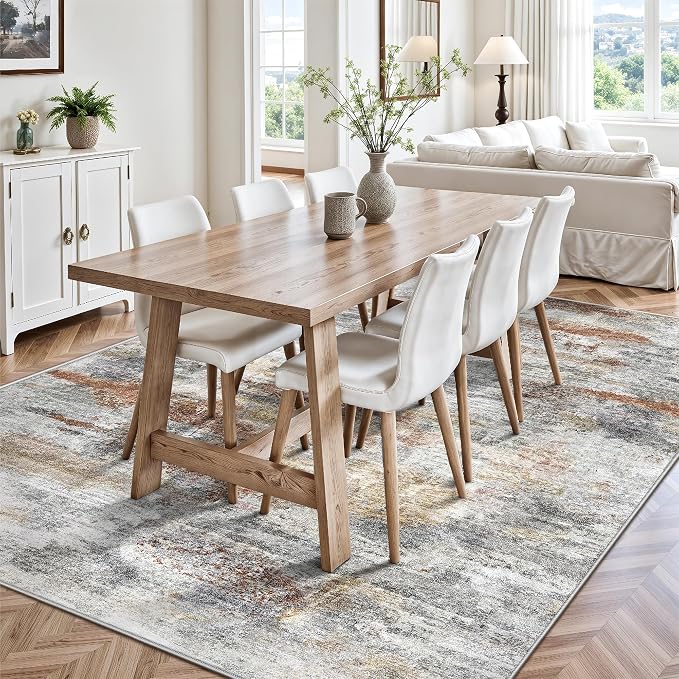 Washable Rug 6x9, Abstract Morden Soft Area Rug, Non-Slip Low Pile Rugs for Living Room, Bedroom, Dining Room, Home, Office(Grey & Brown)