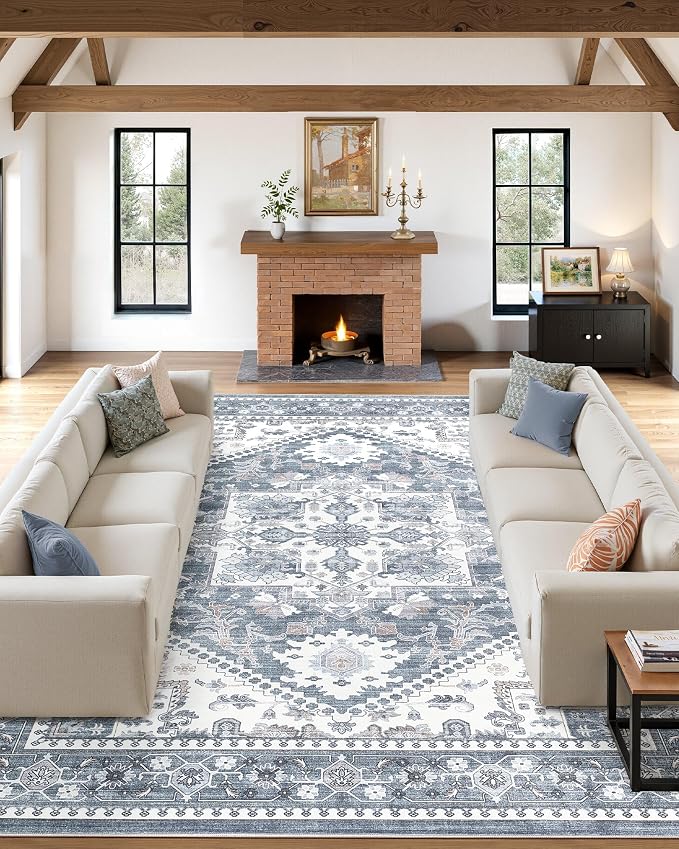 10x14 Vintage Area Rug: Washable Neutral Soft Non Slip Thin Large Floor Carpet for Living Room Bedroom Kitchen Dining Room Home Office Farmhouse Indoor - Blue